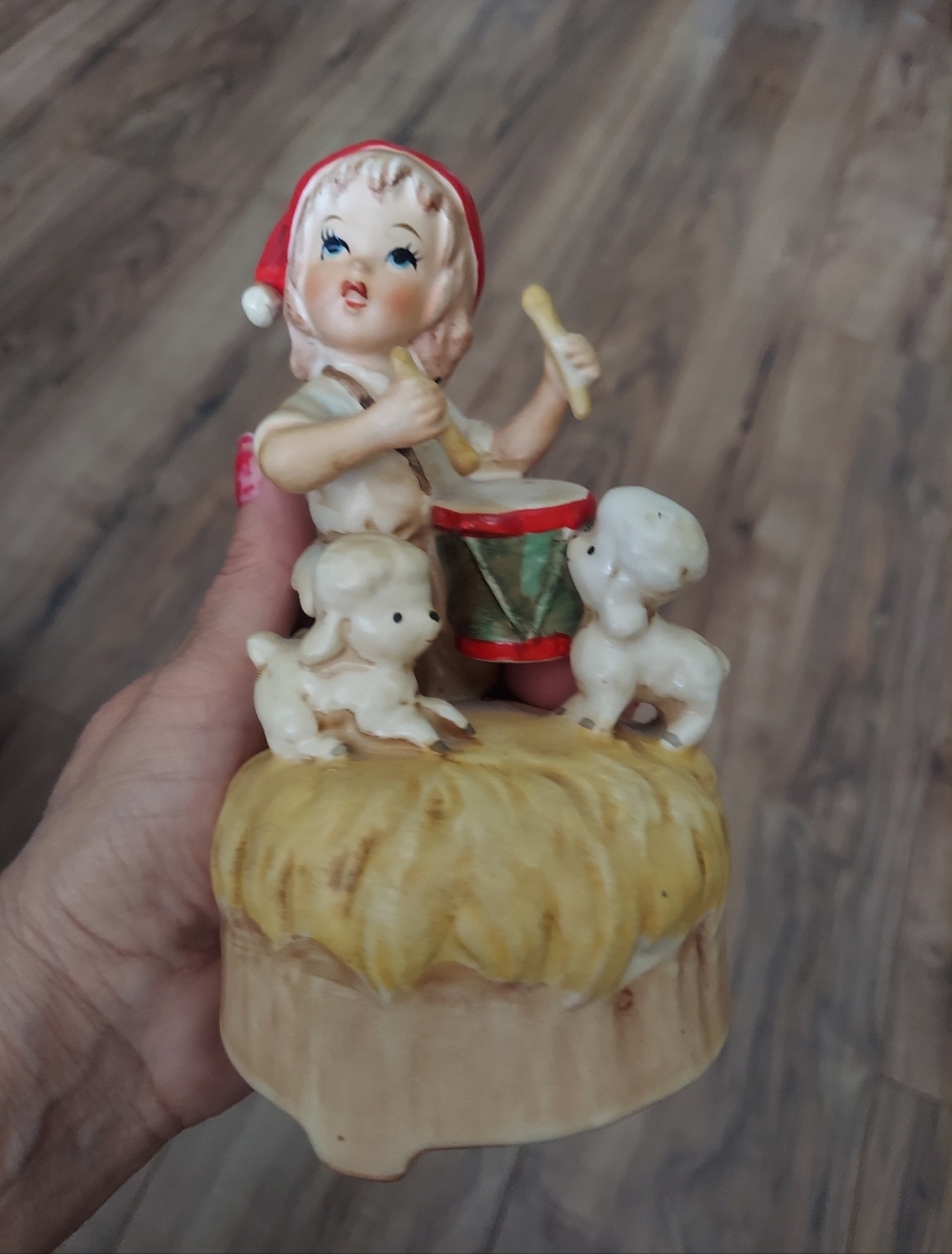 Vintage Lefton Drummer Boy Music Box Plays "Little Drummer Boy" 7" With Puppies
